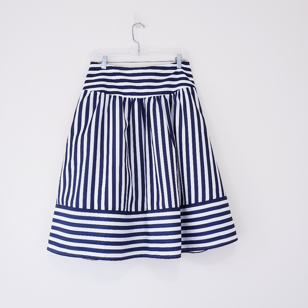 Anthropologie Maeve High Seas Blue White Striped Skirt Size Medium Full A-Line - Picture 4 of 8